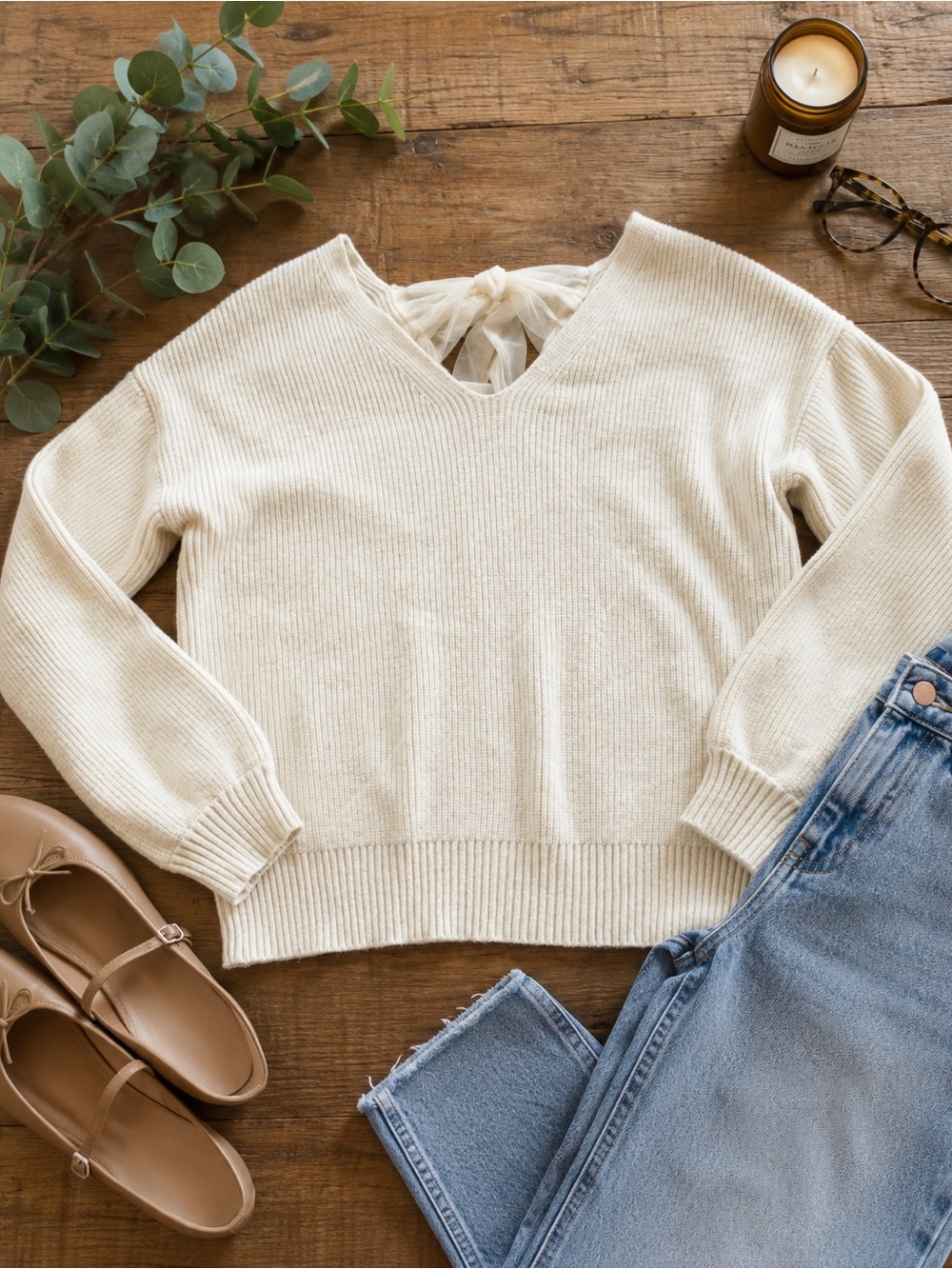 Blu Pepper Cream Knit Sweater with Bow Sz Small (w)